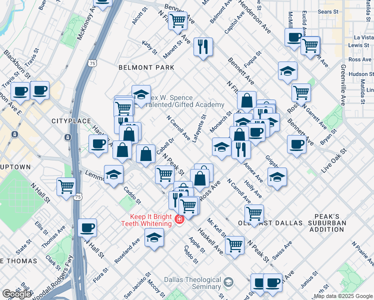 map of restaurants, bars, coffee shops, grocery stores, and more near 2007 North Carroll Avenue in Dallas
