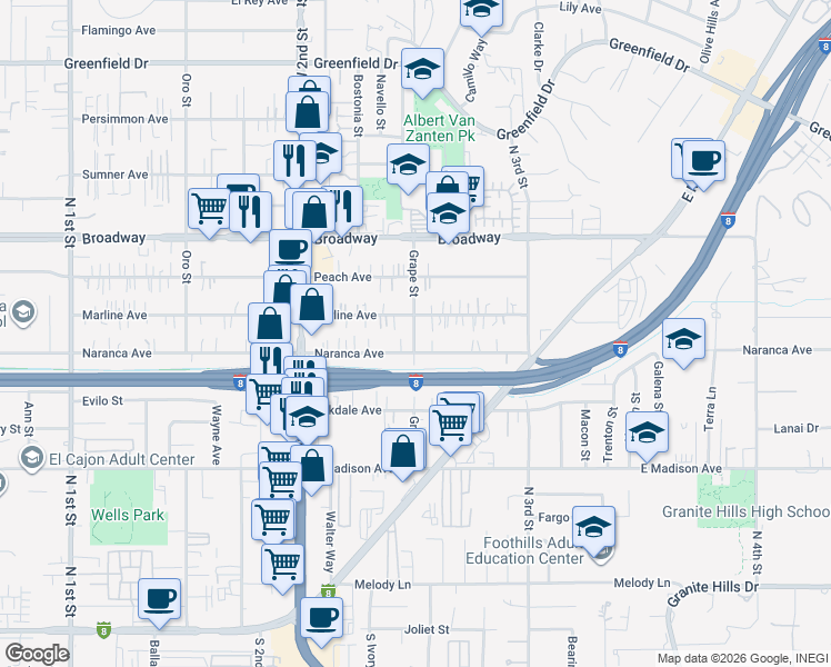 map of restaurants, bars, coffee shops, grocery stores, and more near 1405 Marline Avenue in El Cajon