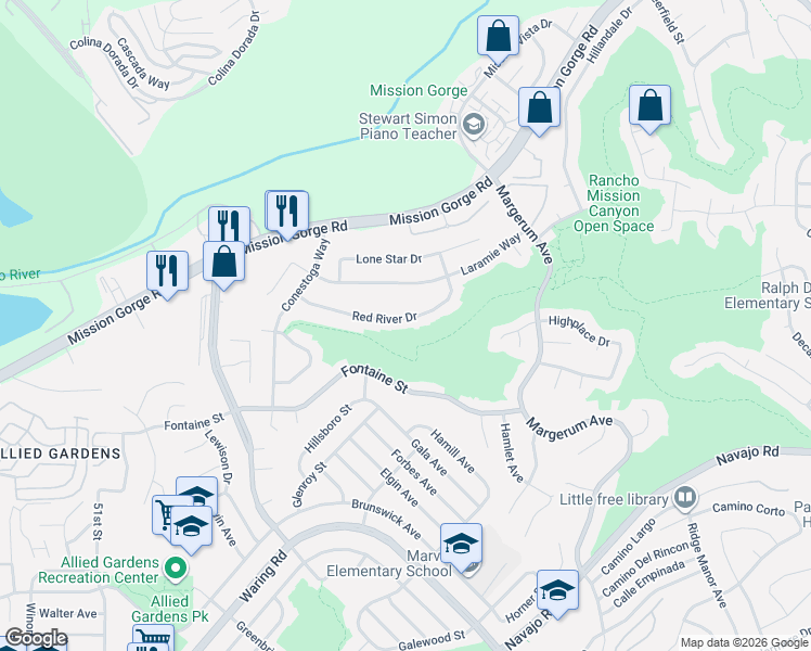map of restaurants, bars, coffee shops, grocery stores, and more near 5634 Red River Drive in San Diego