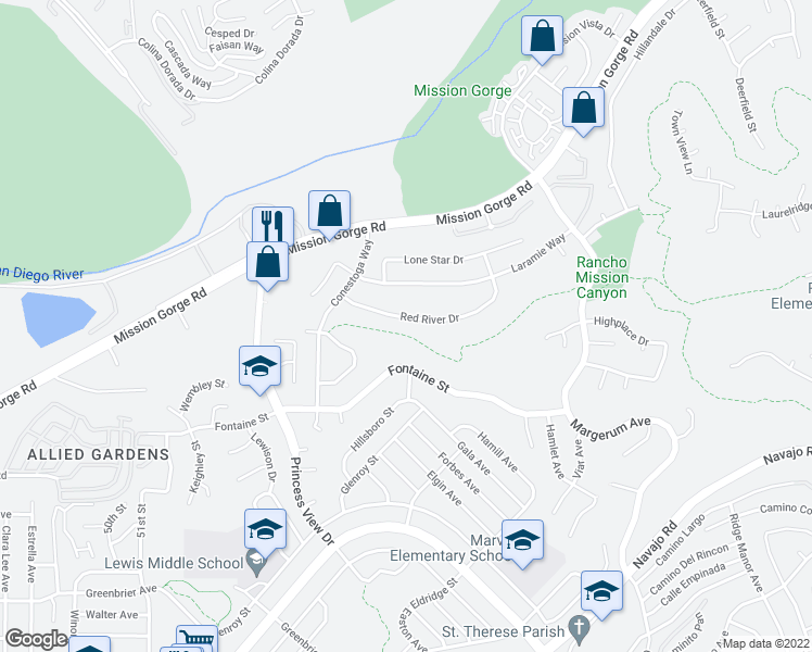 map of restaurants, bars, coffee shops, grocery stores, and more near 5566 Red River Drive in San Diego