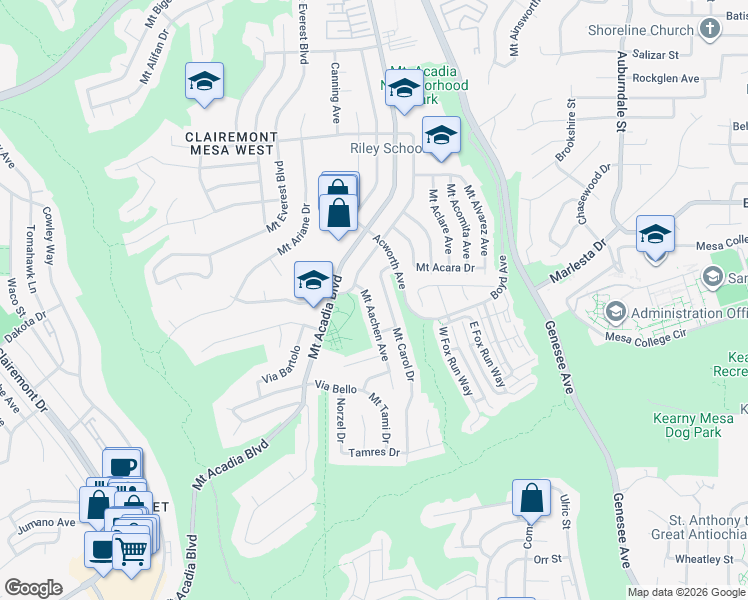 map of restaurants, bars, coffee shops, grocery stores, and more near 3485 Mount Carol Drive in San Diego