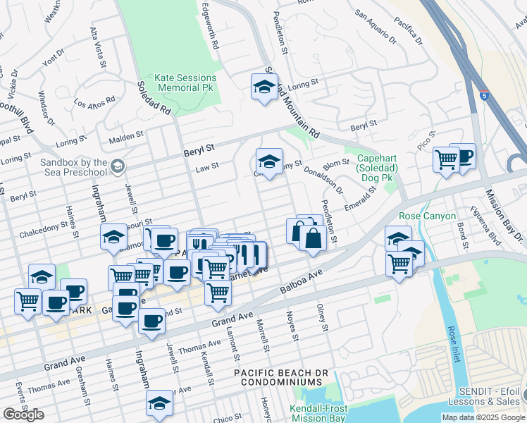 map of restaurants, bars, coffee shops, grocery stores, and more near Diamond Street & Noyes Street in San Diego