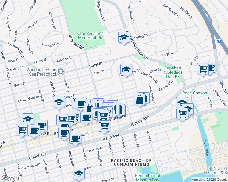 map of restaurants, bars, coffee shops, grocery stores, and more near 4756 Academy Place in San Diego