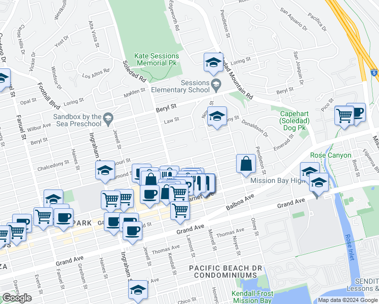 map of restaurants, bars, coffee shops, grocery stores, and more near 4756 Academy Place in San Diego