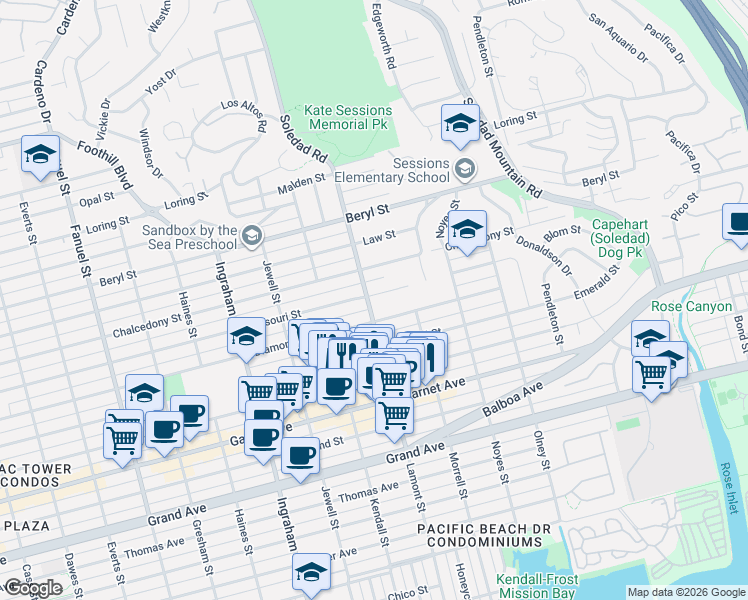 map of restaurants, bars, coffee shops, grocery stores, and more near 1946 Missouri Street in San Diego