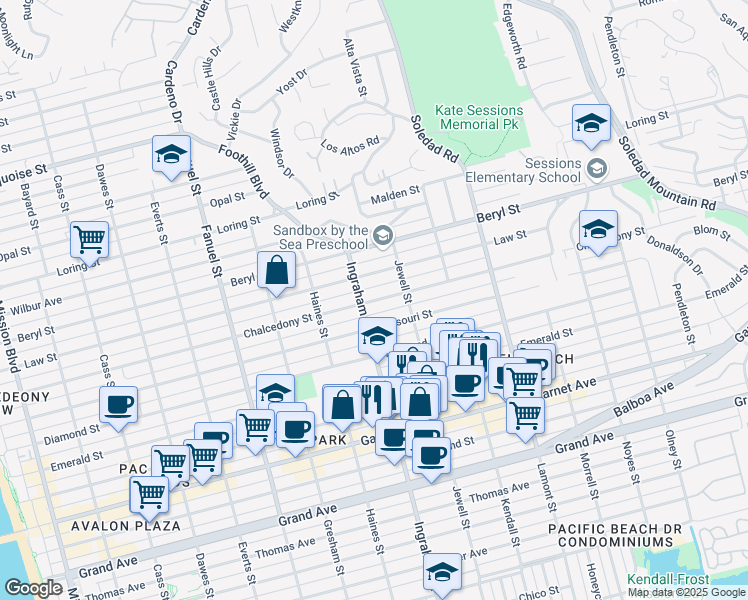 map of restaurants, bars, coffee shops, grocery stores, and more near 1636 Chalcedony Street in San Diego