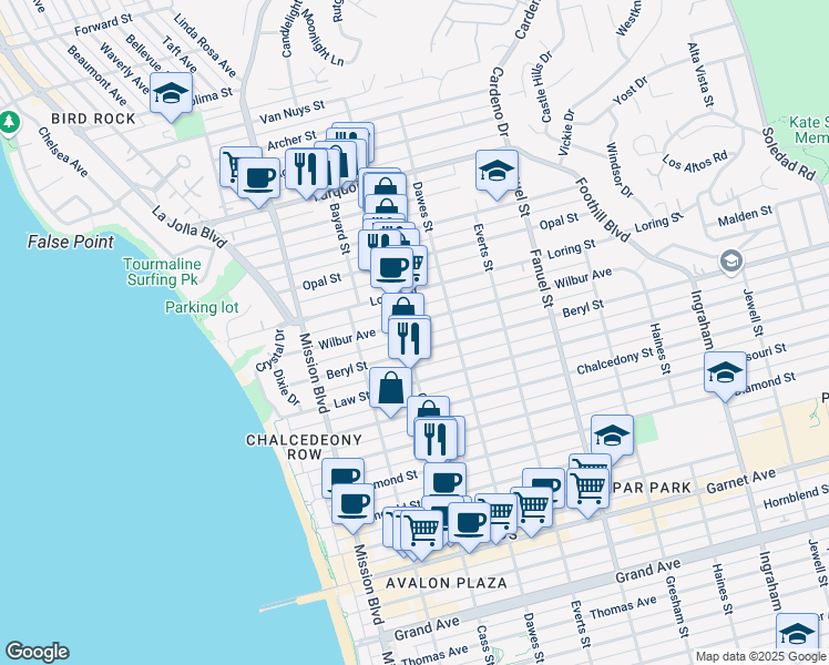 map of restaurants, bars, coffee shops, grocery stores, and more near 1036 Wilbur Avenue in San Diego