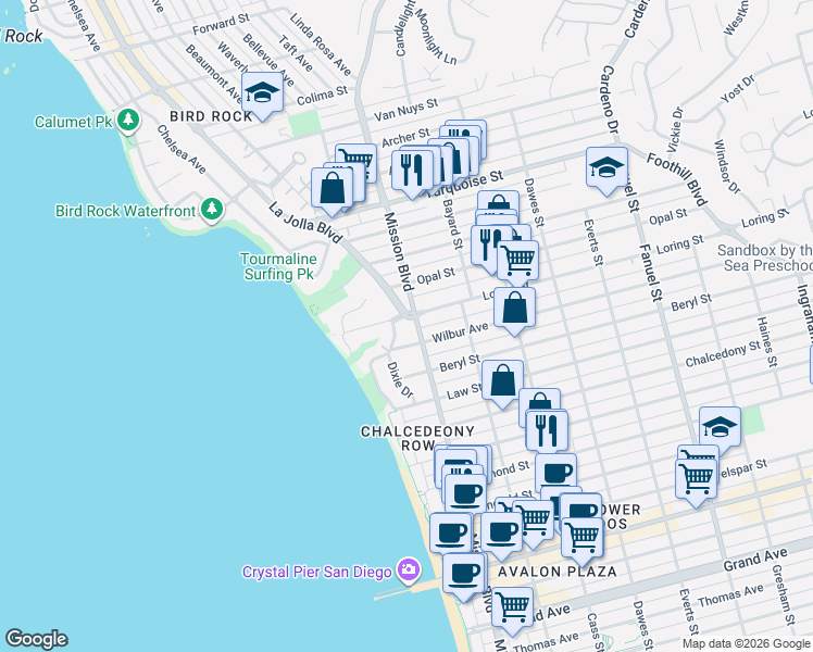 map of restaurants, bars, coffee shops, grocery stores, and more near 800 Loring Street in San Diego