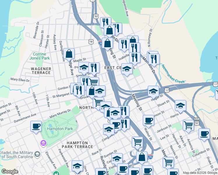 map of restaurants, bars, coffee shops, grocery stores, and more near 27 Poinsett Street in Charleston