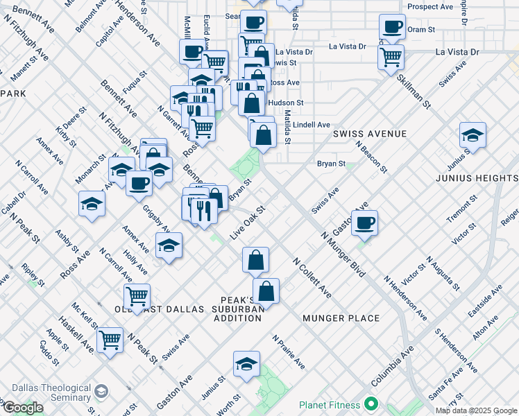 map of restaurants, bars, coffee shops, grocery stores, and more near 5027 Live Oak Street in Dallas