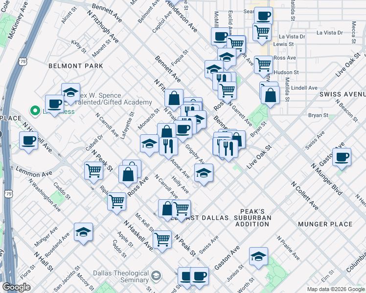 map of restaurants, bars, coffee shops, grocery stores, and more near 1621 North Prairie Avenue in Dallas