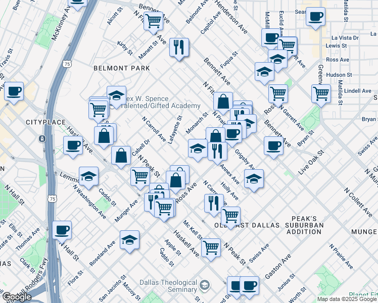 map of restaurants, bars, coffee shops, grocery stores, and more near 1917 California Drive in Dallas