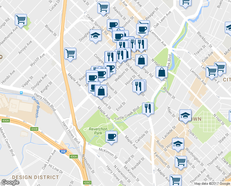 map of restaurants, bars, coffee shops, grocery stores, and more near 2711 Hood Street in Dallas