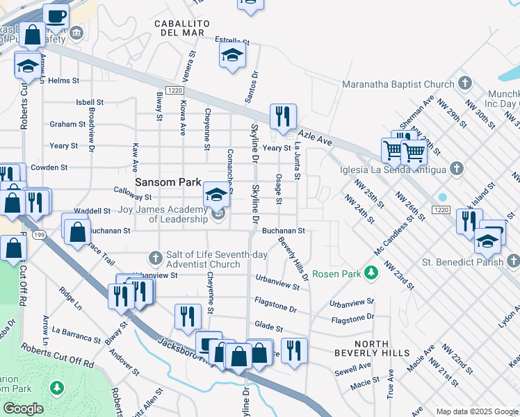 map of restaurants, bars, coffee shops, grocery stores, and more near 5205 Calloway Street in Fort Worth