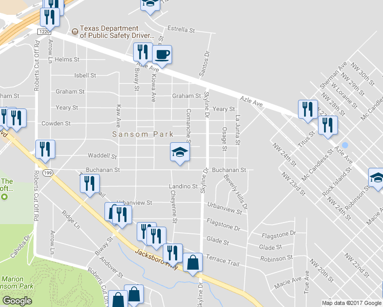 map of restaurants, bars, coffee shops, grocery stores, and more near 5300 Buchanan Street in Fort Worth
