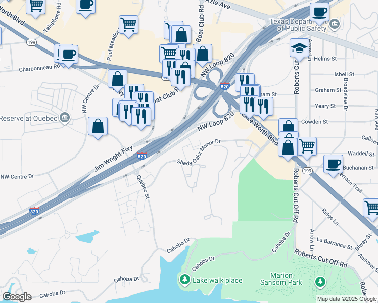 map of restaurants, bars, coffee shops, grocery stores, and more near 6300 Shady Oaks Manor Drive in Fort Worth