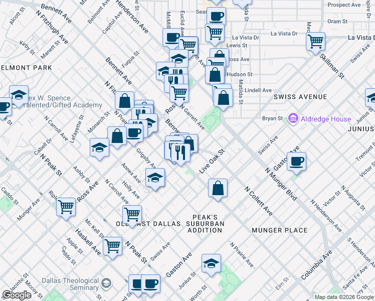 map of restaurants, bars, coffee shops, grocery stores, and more near 4921 Bryan Street in Dallas