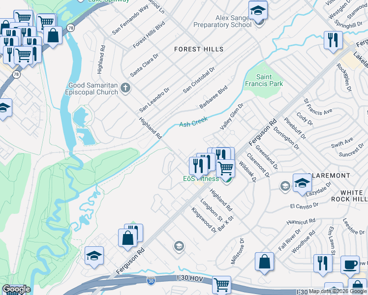 map of restaurants, bars, coffee shops, grocery stores, and more near 2015 Highland Road in Dallas