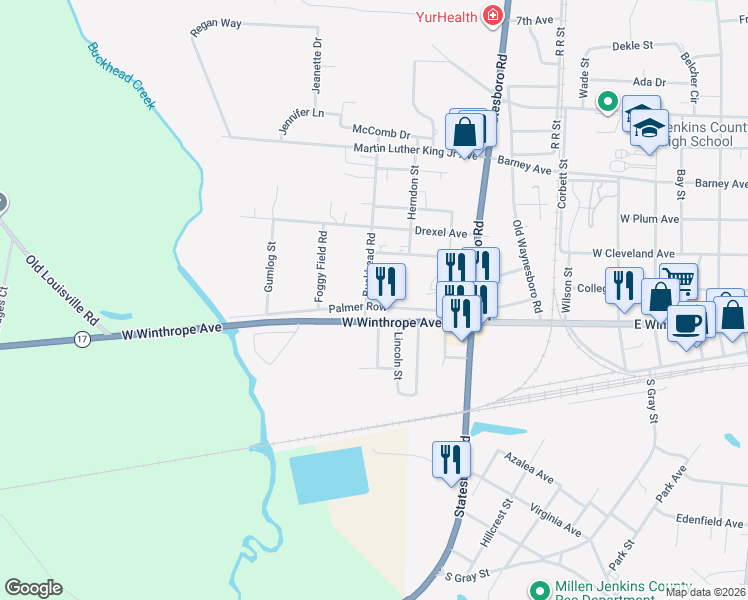 map of restaurants, bars, coffee shops, grocery stores, and more near 504 Buckhead Road in Millen