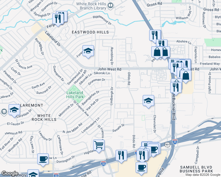 map of restaurants, bars, coffee shops, grocery stores, and more near 2807 Lindbergh Drive in Dallas