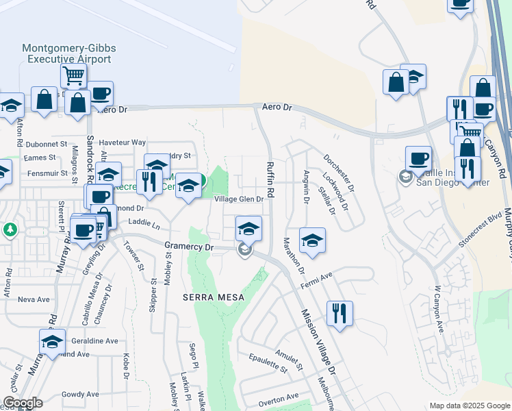 map of restaurants, bars, coffee shops, grocery stores, and more near 9249 Village Glen Drive in San Diego