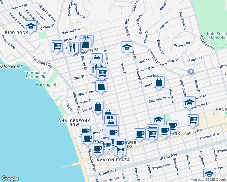 map of restaurants, bars, coffee shops, grocery stores, and more near 4918 Dawes Street in San Diego
