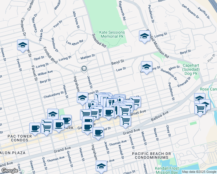 map of restaurants, bars, coffee shops, grocery stores, and more near 1826 Missouri Street in San Diego