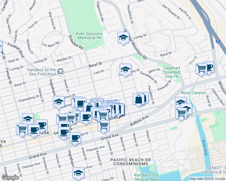 map of restaurants, bars, coffee shops, grocery stores, and more near 4756 Academy Place in San Diego