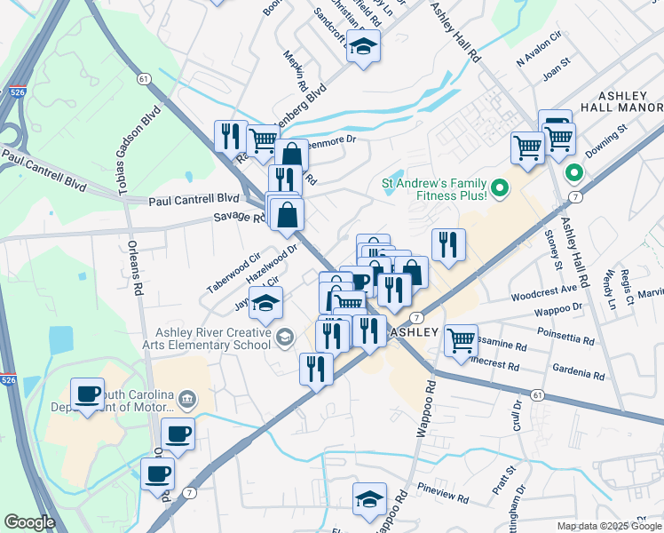 map of restaurants, bars, coffee shops, grocery stores, and more near 1870 Ashley River Road in Charleston