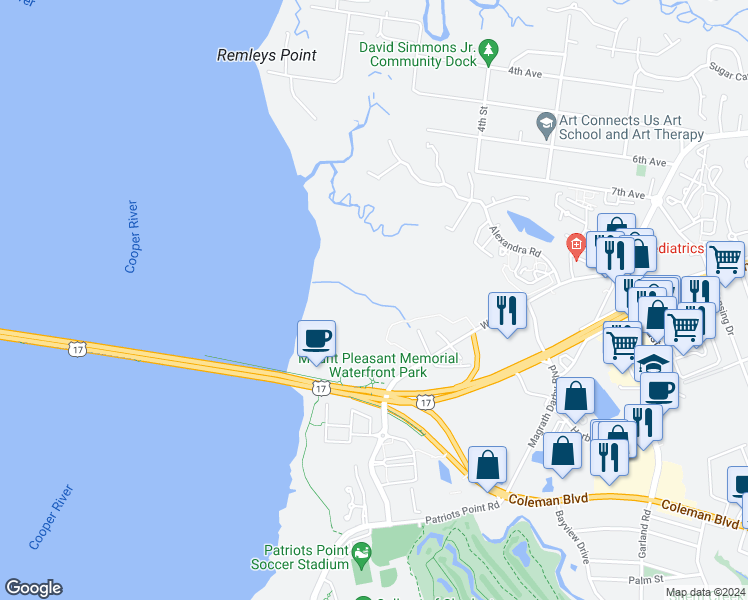 map of restaurants, bars, coffee shops, grocery stores, and more near 247 Cooper River Drive in Mount Pleasant