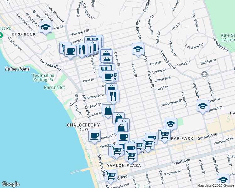 map of restaurants, bars, coffee shops, grocery stores, and more near 1036 Wilbur Avenue in San Diego