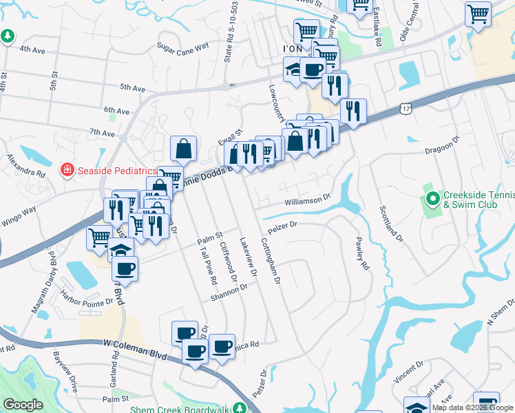 map of restaurants, bars, coffee shops, grocery stores, and more near 943 Cottingham Drive in Mount Pleasant