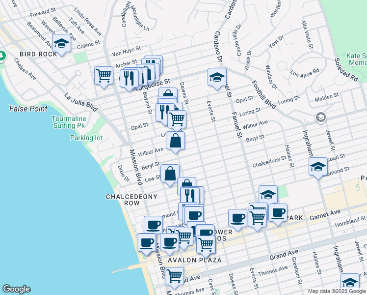 map of restaurants, bars, coffee shops, grocery stores, and more near 1025 Wilbur Avenue in San Diego