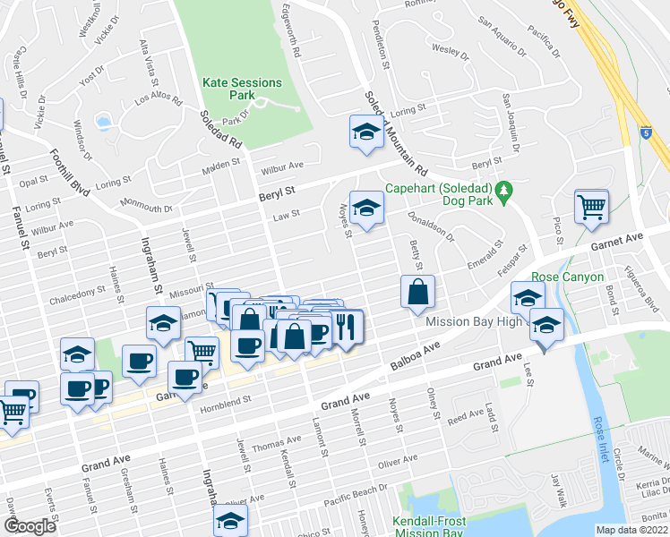 map of restaurants, bars, coffee shops, grocery stores, and more near 2030 Diamond Street in San Diego