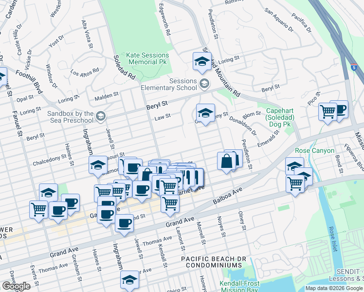 map of restaurants, bars, coffee shops, grocery stores, and more near 4756 Academy Place in San Diego