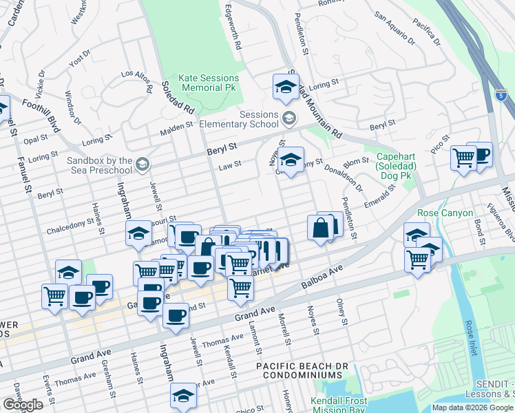 map of restaurants, bars, coffee shops, grocery stores, and more near in San Diego