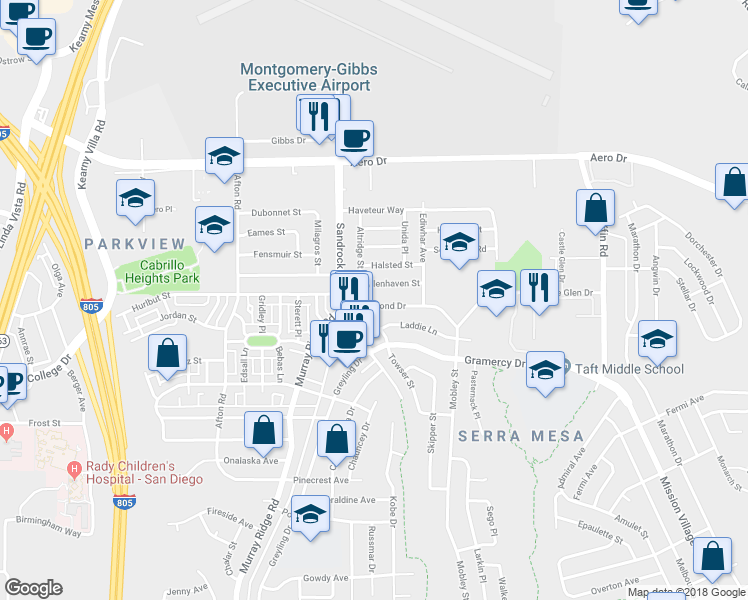 map of restaurants, bars, coffee shops, grocery stores, and more near 8848 Hammond Drive in San Diego