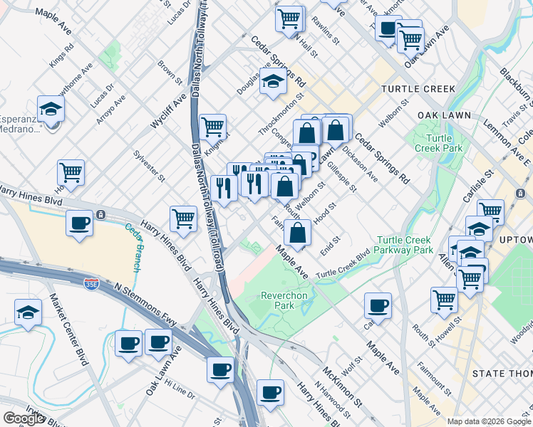 map of restaurants, bars, coffee shops, grocery stores, and more near Oak Lawn Avenue in Dallas