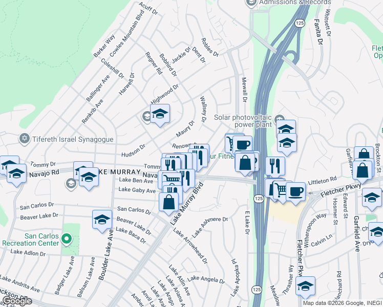 map of restaurants, bars, coffee shops, grocery stores, and more near 8585 Renown Drive in San Diego