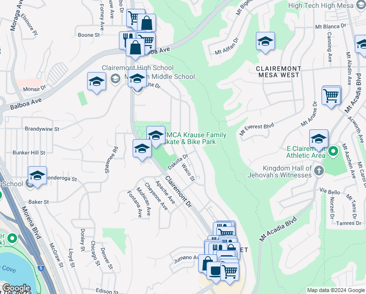 map of restaurants, bars, coffee shops, grocery stores, and more near 3535 Tomahawk Lane in San Diego