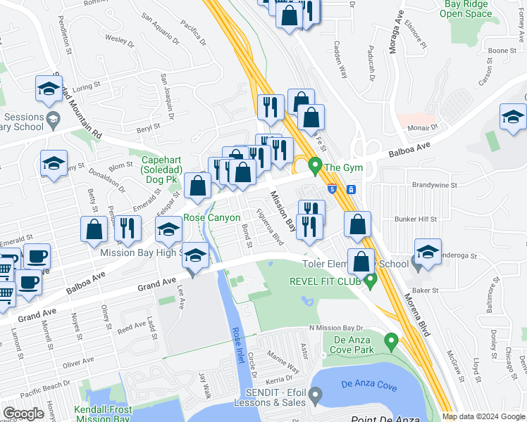 map of restaurants, bars, coffee shops, grocery stores, and more near 4620 Mission Bay Drive in San Diego