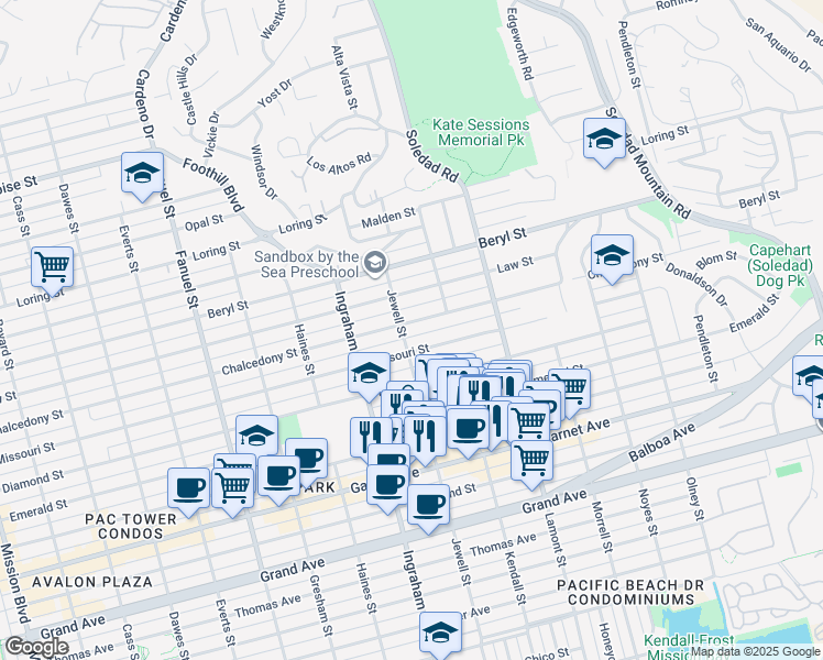 map of restaurants, bars, coffee shops, grocery stores, and more near 1712 Chalcedony Street in San Diego