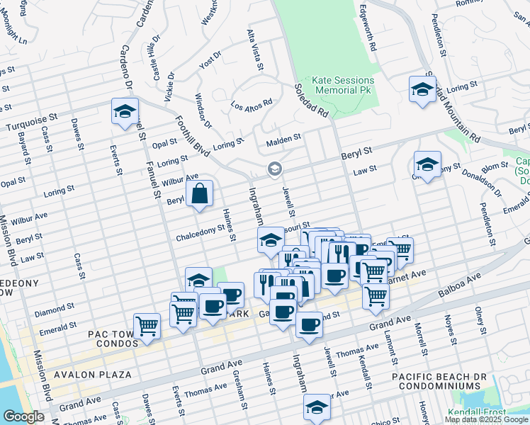 map of restaurants, bars, coffee shops, grocery stores, and more near 1636 Chalcedony Street in San Diego