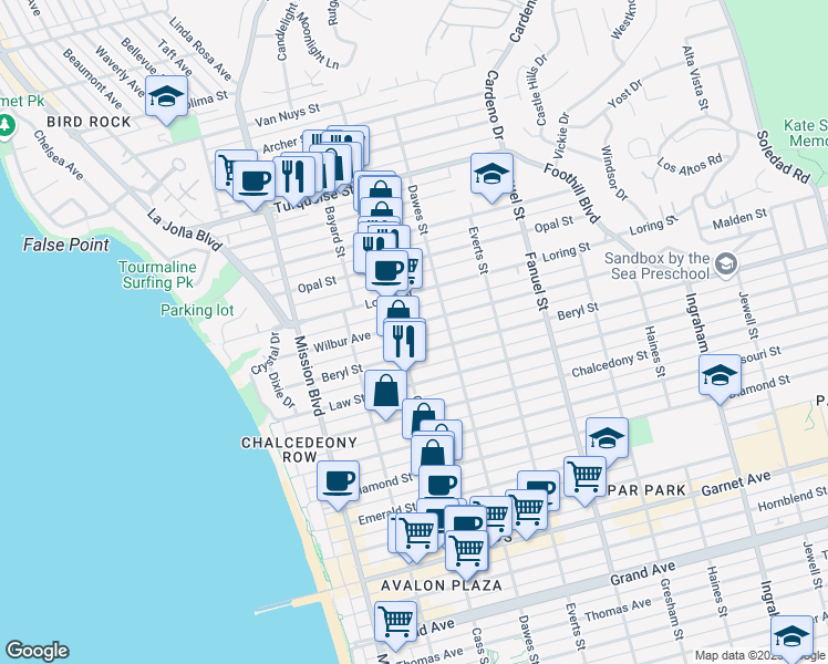 map of restaurants, bars, coffee shops, grocery stores, and more near 1036 Wilbur Avenue in San Diego