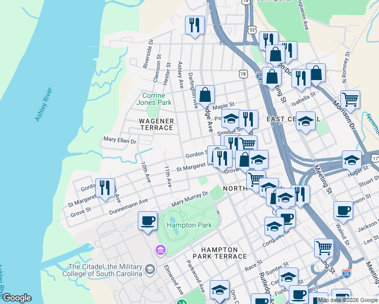 map of restaurants, bars, coffee shops, grocery stores, and more near 139 Simons Street in Charleston