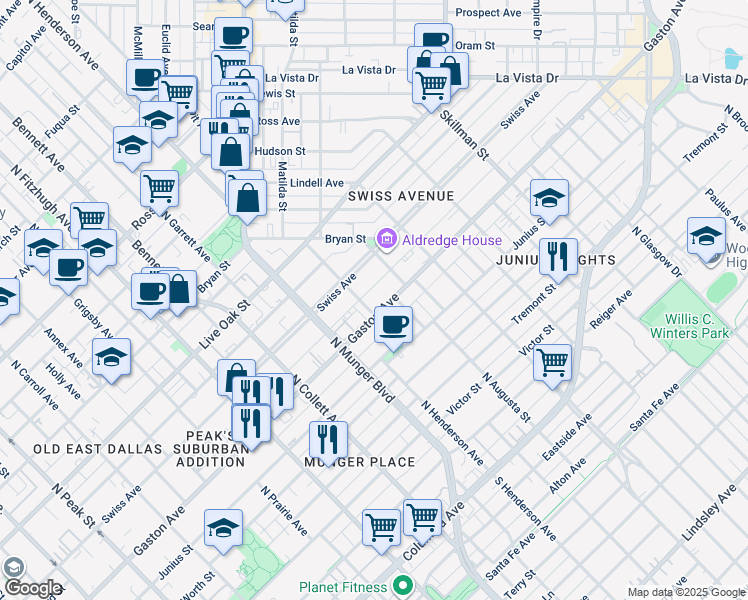 map of restaurants, bars, coffee shops, grocery stores, and more near 5400 Swiss Avenue in Dallas