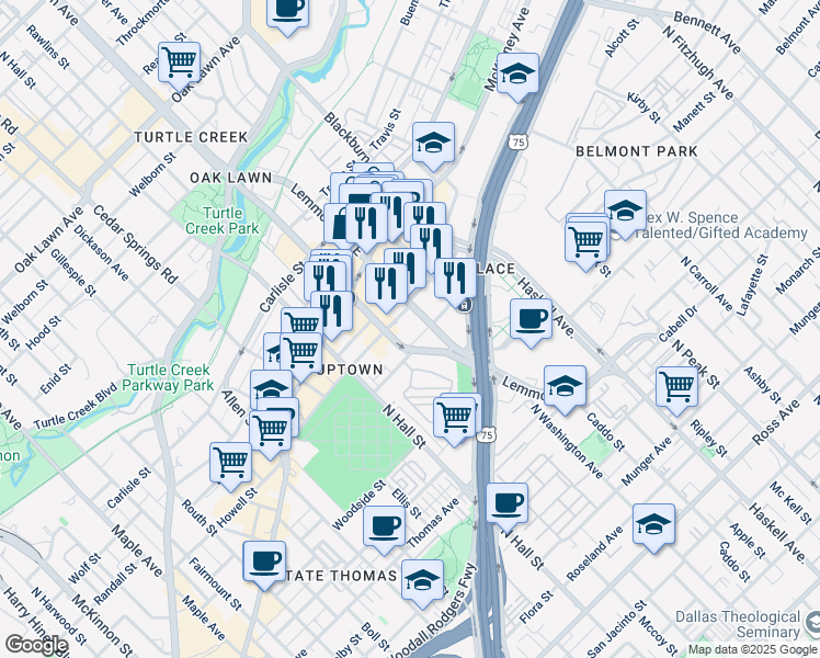 map of restaurants, bars, coffee shops, grocery stores, and more near 3514 Oak Grove Avenue in Dallas