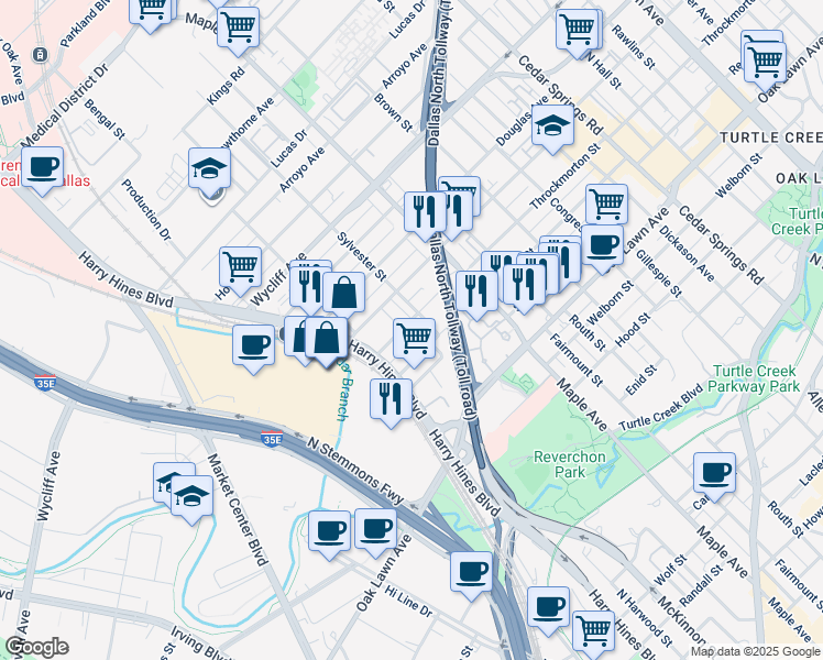 map of restaurants, bars, coffee shops, grocery stores, and more near 4107 Entrada Way in Dallas