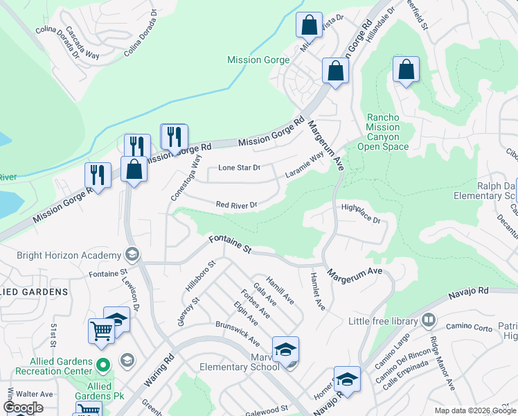 map of restaurants, bars, coffee shops, grocery stores, and more near 5683 Red River Drive in San Diego