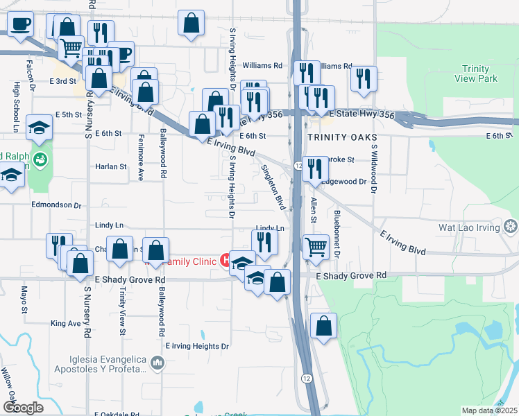 map of restaurants, bars, coffee shops, grocery stores, and more near 1629 Windsong Lane in Irving